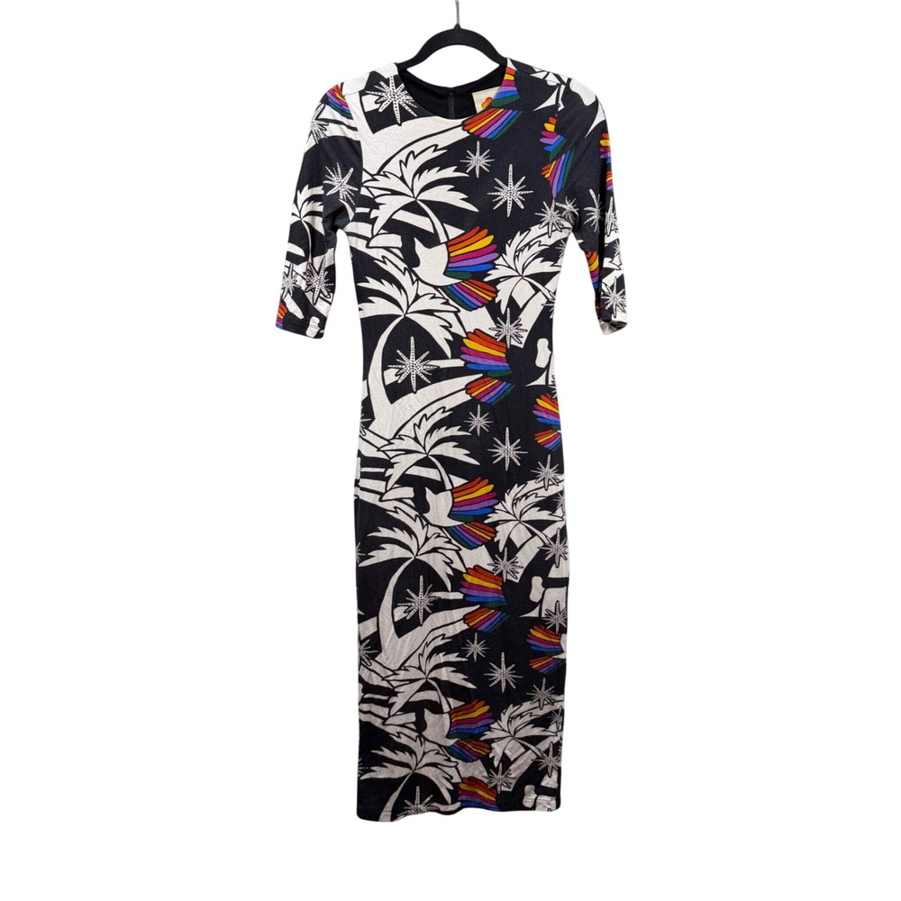 Farm Rio Dress Tropical Palm Bird Jersey Knit XS Black Multicolor‎ Bodycon Midi